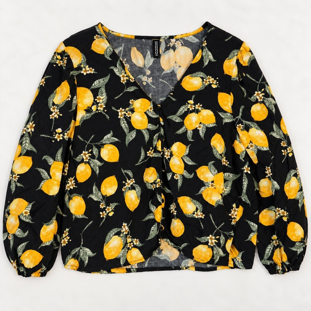 Y2K H&M Divided Lemon Fruit Print V-Neck Top Black Yellow Crop W sz 8 Maximalist